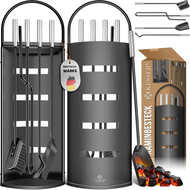 KESSER® Kaminzubehör 5-teiliges Kaminbesteck Set – Modern Design, beschichtet, Hochwertige Kamingarnitur aus 5 Teilen: Besen, Schaufel, Schürhaken, Zange, Ständer mit Sichtschutz Edelstahl Schwarz