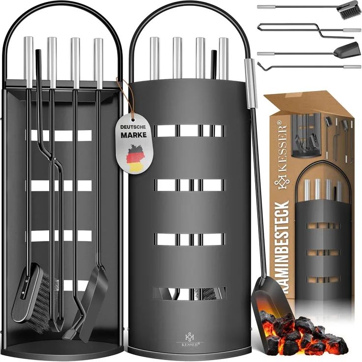 KESSER® Kaminzubehör 5-teiliges Kaminbesteck Set – Modern Design, beschichtet, Hochwertige Kamingarnitur aus 5 Teilen: Besen, Schaufel, Schürhaken, Zange, Ständer mit Sichtschutz Edelstahl Schwarz