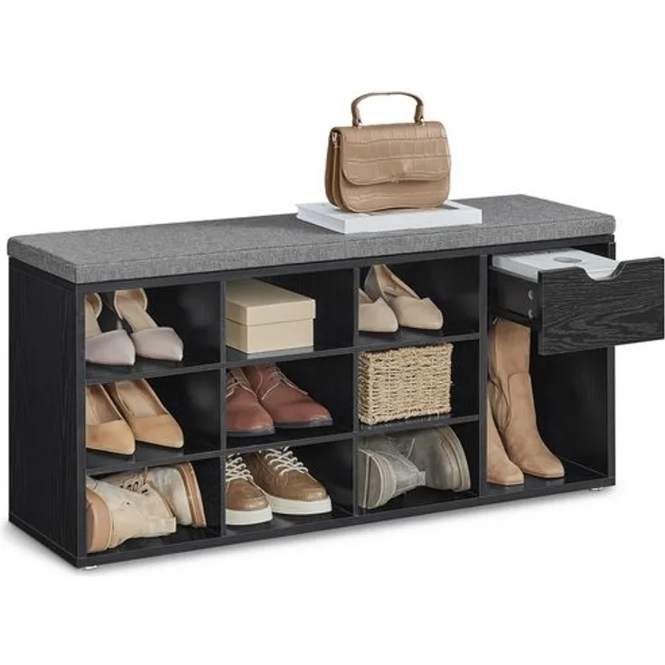 Vasagle Schuhbank, Schuhregal mit Schublade und offenen Fächern, Sitzbank, gepolsterter Sitz, Flur, Schlafzimmer und Eingangsbereich, 30 x 104 x 48 cm, ebenholzschwarz-schiefergrau LHSDE024B02