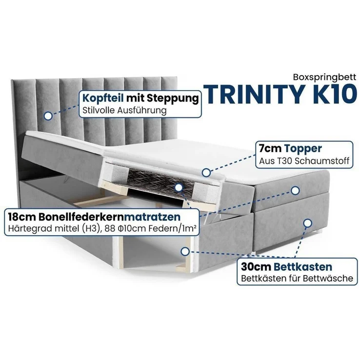 Best for Home Boxspringbett mit Bettkasten Trinity K-10 Bonellfederkern inkl. 7 cm Topper (140x200 160x200 180x200 200x200 cm), mit o. ohne Kopfteil, Flexible Liefermöglichkeiten, Handwerksqualität – Bild 3