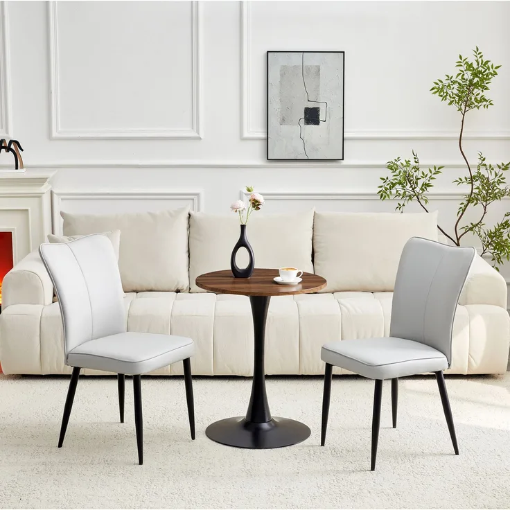 Beistelltisch-Set Ø 60x72 cm mit 2 Stühlen – runder Tisch aus MDF und Metall, PU in Hellgrau/Schwarz/Walnuss