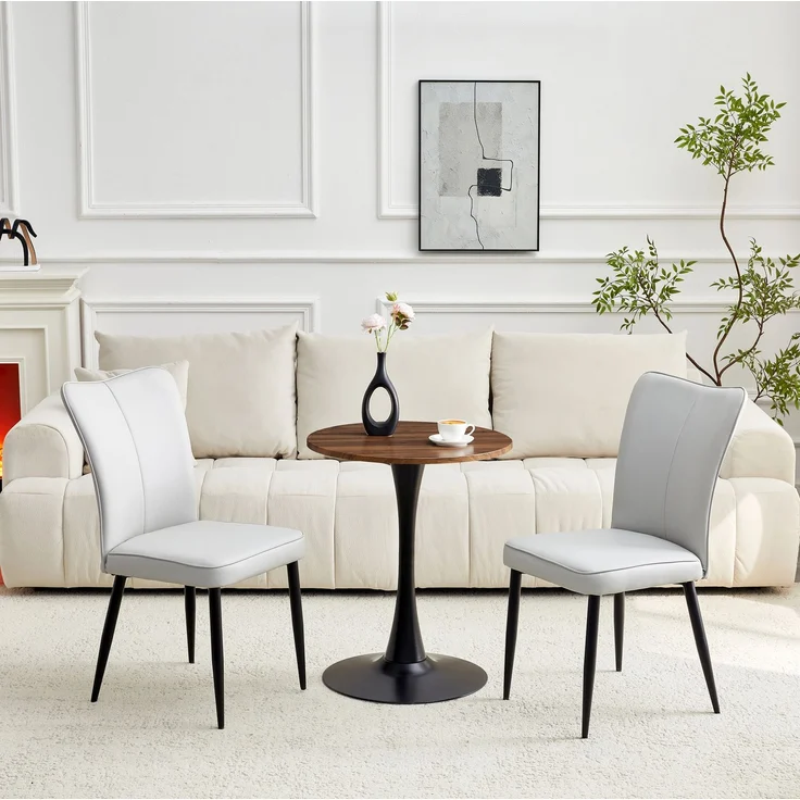 Beistelltisch-Set Ø 60x72 cm mit 2 Stühlen – runder Tisch aus MDF und Metall, PU in Hellgrau/Schwarz/Walnuss – Bild 1