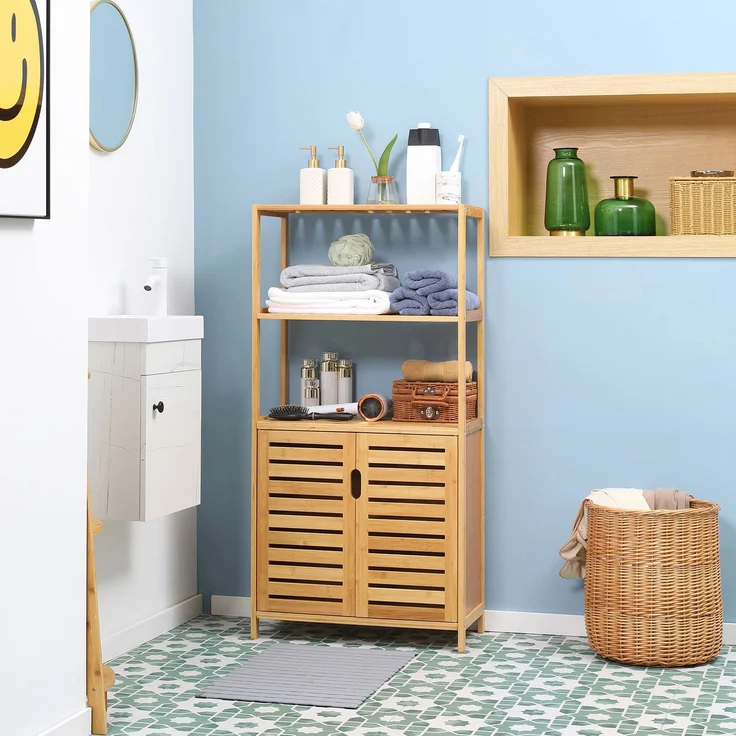 MELAYR, Badezimmerschrank, Badezimmerkommode mit Lamellentüren, Badregal, Bambusholz, Naturholz, 60 x 30 x 120 cm – Bild 4