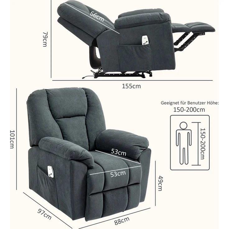 MELAYR, Elektrischer Relaxsessel mit Massage- und Wärme-Funktionen, 97 x 88 x 101 cm, Dunkelgrau – Bild 5