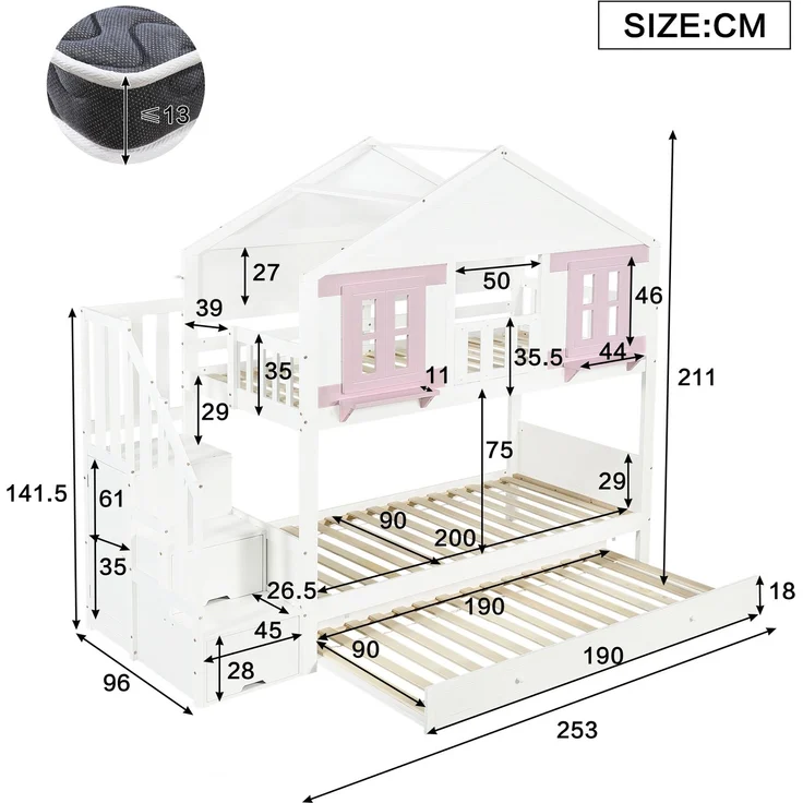 Merax Etagenbett, mit Rollbett, Kleideraufhängebereich, mit Fenster und Dach, Stabiler Lattenrost, Holz Weiß+Rosa, 90x200cm – Bild 5