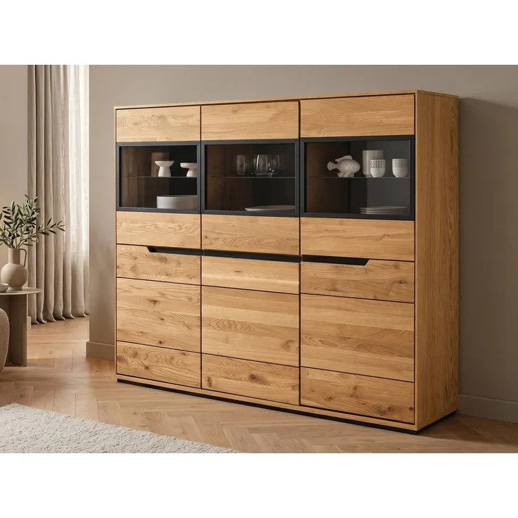 Massivart® Highboard 153 cm Breite Massivholz Wildeiche geölt »ARAYA«, 3 Glastüren · 3 Drehtüren · 6 Einlegeböden · schwarze Griffmulden