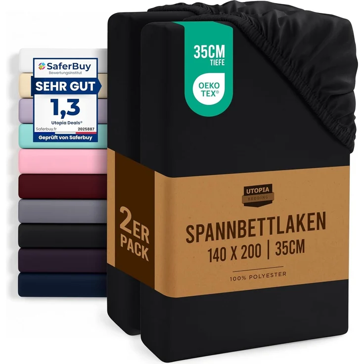 Utopia Bedding - 2er Set Spannbettlaken 140x200 cm - Schwarz - Gebürstete Mikrofaser Spannbetttuch - 35 cm Tiefe Tasche