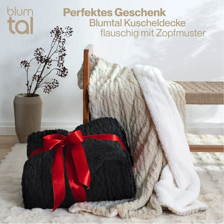 Blumtal Wohndecke, Oeko-TEX zertifiziert, waschbar, weiche Sherpa-Innenseite, Schwarz, 230x270 cm – Bild 3