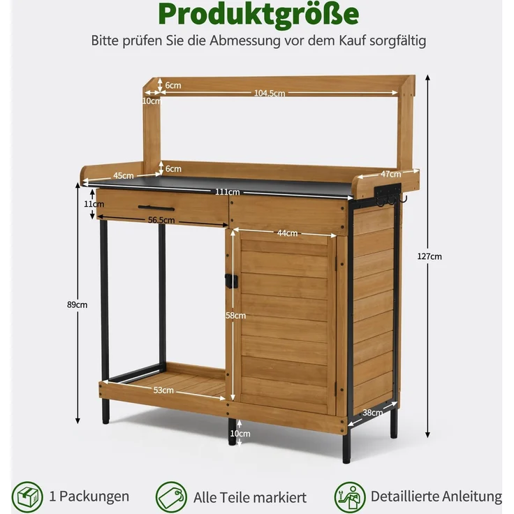 M MCombo Pflanztisch mit Schublade, Ablage, Verzinkter Arbeitsplatte & Schrank, Gärtnertisch Wetterfest mit 3 Haken, Blumentisch Massivholz für Garten, Balkon & Terrasse, 47 x 111 x 127 cm, 2049 (Natur) – Bild 3