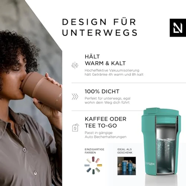 LARS NYSØM Thermo Kaffeebecher to go 380ml | Travel Mug 0,38 Liter mit Isolierung | Auslaufsicherer Edelstahl Thermobecher für Kaffee und Tee unterwegs | Teebecher (Aqua Turquoise, 380ml) – Bild 2