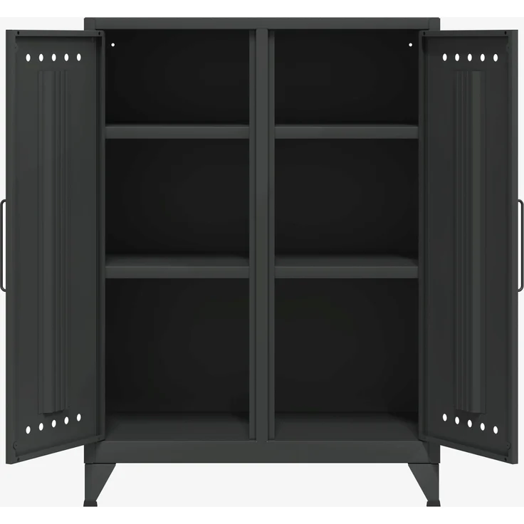 Bisley Fern Middle Sideboard, mit zwei festen Fachböden, aus hochwertigem, nachhaltigem Stahl hergestellt, 16 mm große Design Lüftungslöcher auf allen Türen, moderner und industrieller Flair, mit integrierten Füßen, H 1100 x B 800 x T 400 mm, Farbe ant... – Bild 3
