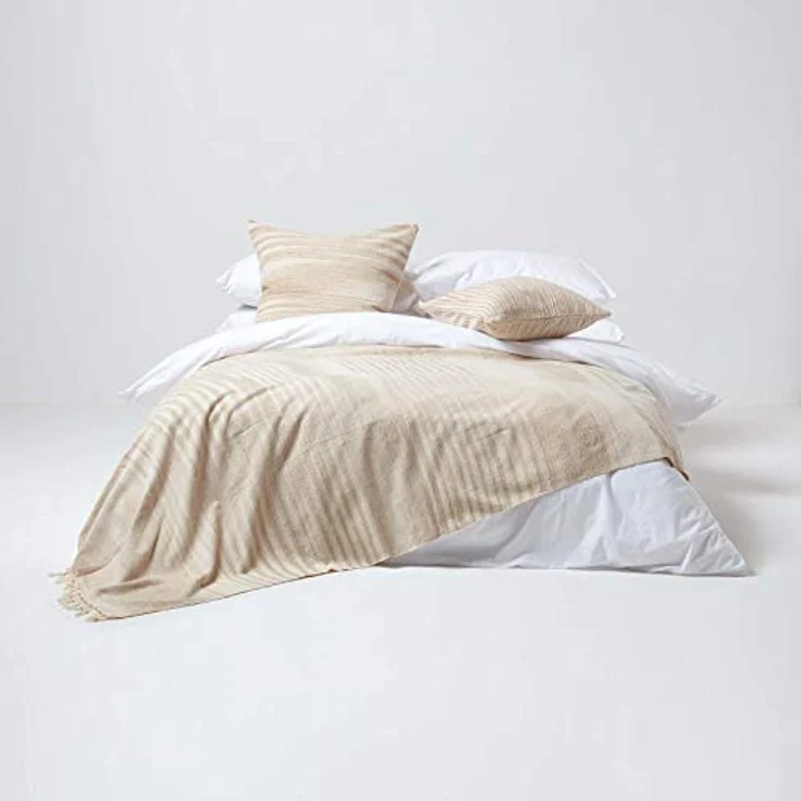 Plaid Gestreifter Chenille-Überwurf, 100% Baumwolle, beige, 150 x 200 cm, Homescapes – Bild 4