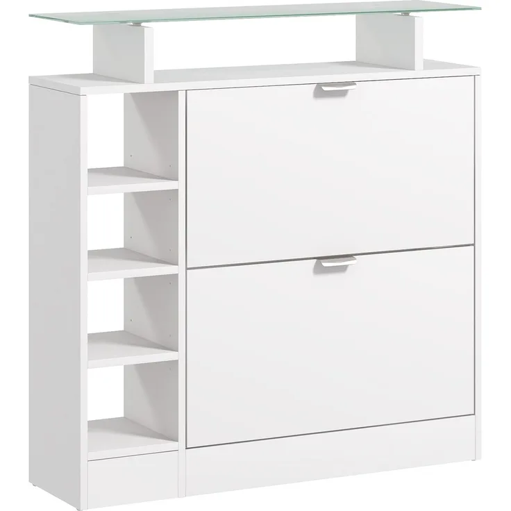 Schuhschrank mit 2 Klappschubladen für 12 Paar Schuhe, Glasablage und verstellbaren Einlegeböden, 89 x 25 x 92 cm, weiß