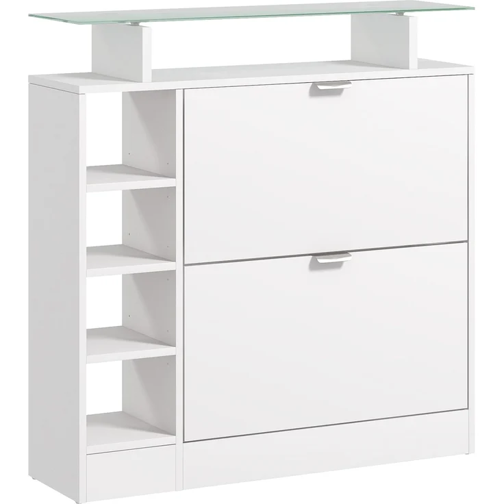 Schuhschrank mit 2 Klappschubladen für 12 Paar Schuhe, Glasablage und verstellbaren Einlegeböden, 89 x 25 x 92 cm, weiß – Bild 1