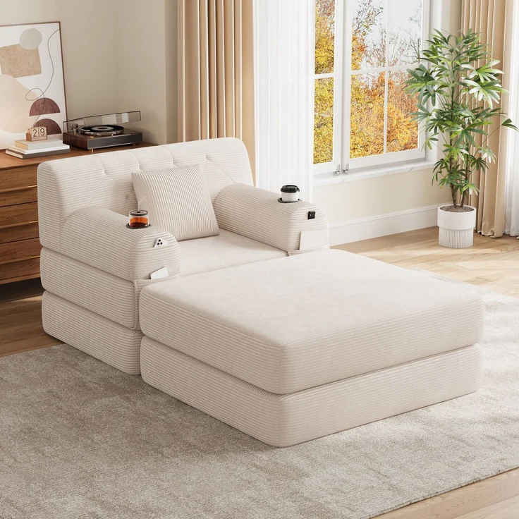 ZUBALIYA Schlafsofa 162x81 cm, mit Stauraum, mit Samtbezug, mit Cordbezug, mit Knopfheftung, mit breiten Armlehnen, Beige – Bild 4