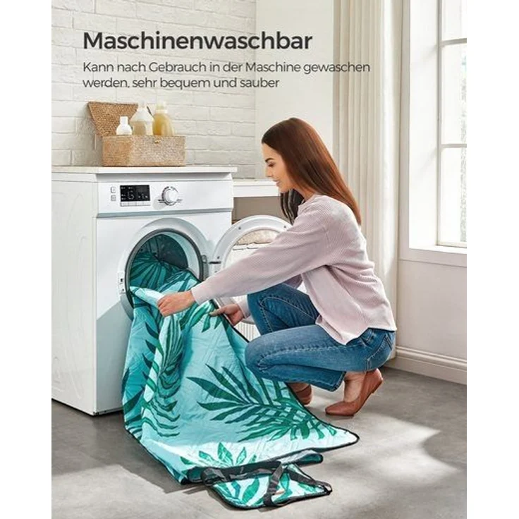 Songmics Picknickdecke, wasserdicht, maschinenwaschbar & faltbar, Polyester, hellblau mit tropischem Farn, 200 x 200 cm – Bild 4