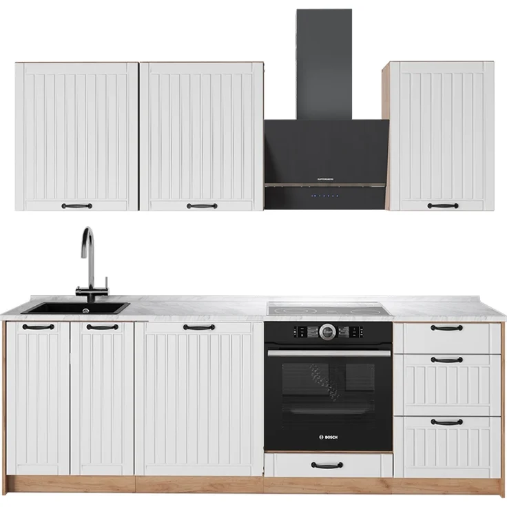 Küchenzeile Fame-Line Weiß Landhaus/Goldkraft Eiche 230 cm, AP Marmor Vicco – Bild 1