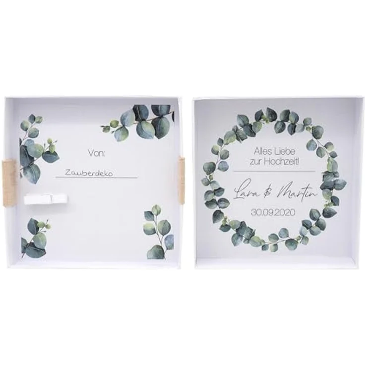 ZauberDeko Geschenkbox Geldgeschenk Verpacken MIT NAME Geschenk Hochzeit Herz Weiß Eukalyptus – Bild 3