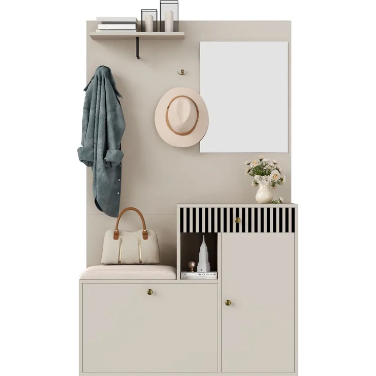 Garderobenset, Kompaktgarderobe, Flurgarderobe mit Spiegel und Polsterkissen, Flurschrank, Wohnwand, Regal, Flur- und Dielengarderobenpaneele, Schuhschrank, (B x H x T): 110 x 185,5 x 37 cm