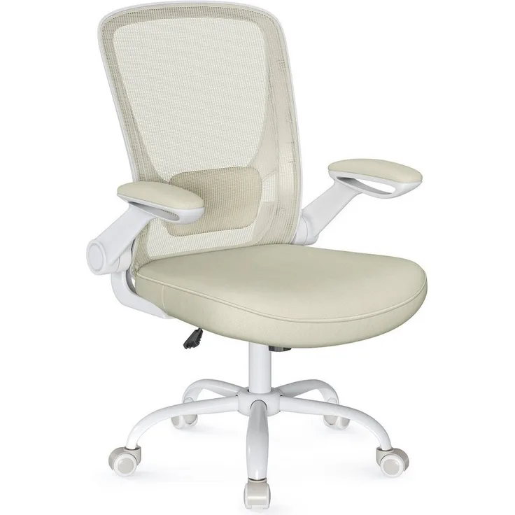 Songmics Schreibtischstuhl, gepolsterte Lendenstütze, Wippfunktion & klappbare Armlehnen, Netzbespannung, Kunststoff, Schaumstoff, Nylon, Stahl, haferflockenbeige, 66x60 x (99-107) cm