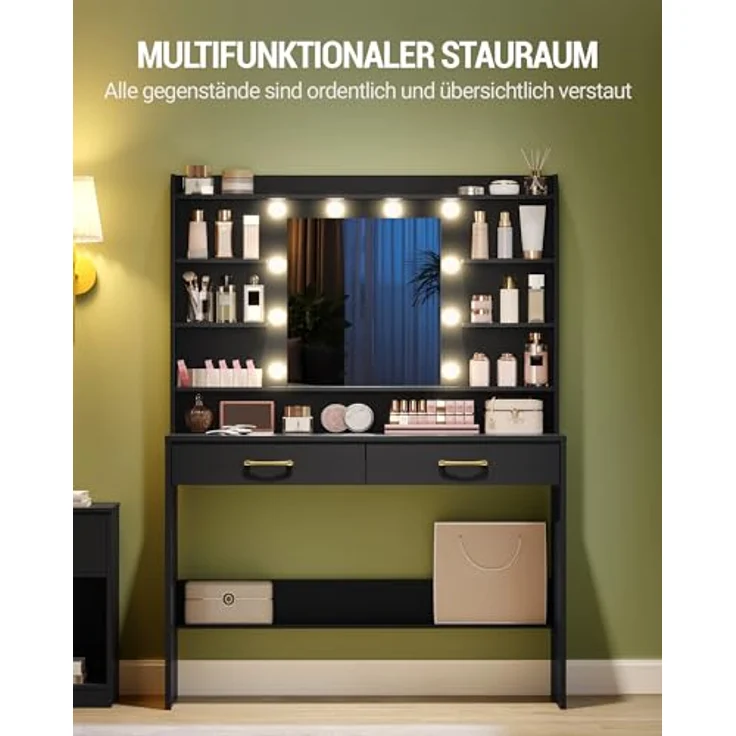 Schminktisch mit Spiegel, Schminktisch mit Ablageflächen und 2 Schubladen, für Schlafzimmer, Wohnzimmer, Verstellbare Helligkeit, 40 x 100 x 149 cm, Schwarz – Bild 5