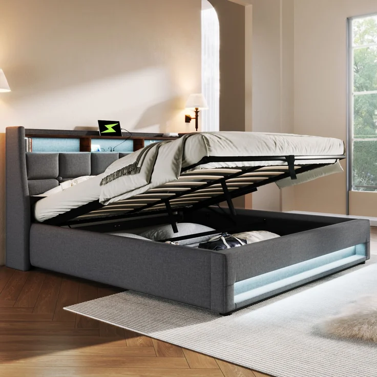 EINHOM Polsterbett mit USB 160 x 200 cm, LED Einzelbett mit Lattenrost aus Metallrahmen, Bettgestell aus Leinenmaterial Jugendbett, Grau (Ohne Matratze) – Bild 3