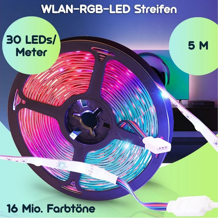 Casativo LED-Streifen 18W LED Streifen 5m WLAN RGB 150 LEDs 16 Mio. Farben Fernbedienung App, 30 LEDs/m, kürzbar, selbstklebend, Smart-Life & Tuya kompatibel – Bild 2