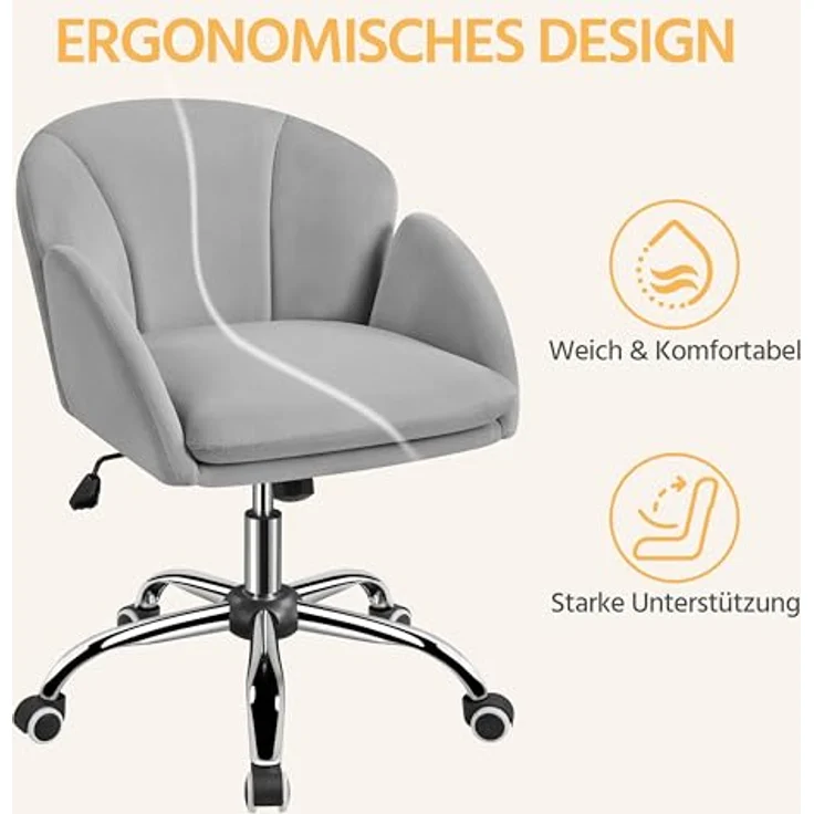 Yaheetech Homeoffice Stuhl Schminkstuhl Schreibtischstuhl höhenverstellbar Drehstuhl bis 136 kg Belastbar, SamtStuhl mit Armlehnen und Rückenlehne für Schlafzimmer Büro Wohnzimmer, Hellgrau – Bild 7