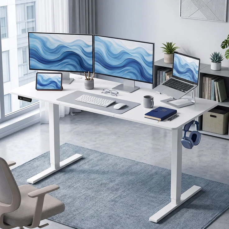 MELAYR, Höhenverstellbarer Schreibtisch Elektrisch 140 x 60 cm Weiß – Bild 4