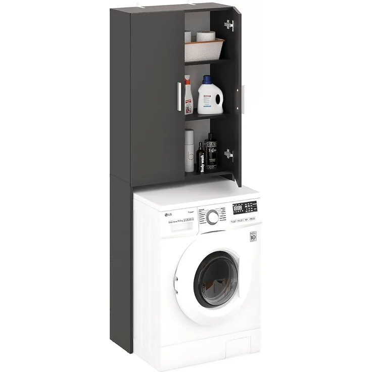 KOMTO Waschmaschinenumbauschrank Gizmo Waschmaschinenschrank Weiß 2 Türen Hochschrank für Waschmaschine Trockner Badezimmer Schrank 65 х 180 х 27 cm (BxHxT)