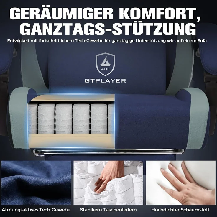 GTPLAYER Gaming Stuhl Ergonomischer, PC Stuhl Atmungsaktiver Stoff, Groß und Hoch Drehbarer Schreibtischstuhl mit Fußstütze,Verstellbare Lendenwirbelstütze und Kopfstütze,Blau – Bild 5