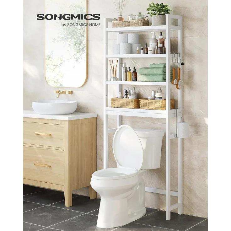 Songmics 4-stöckiges Toilettenregal, verstellbare Ablagen, Bambus wolkenweiß, 185 x 26 x 63 cm – Bild 2
