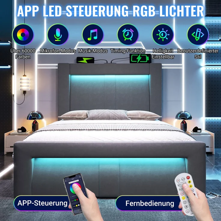 Einzelbett Samt mit Stauraum, LED & USB-Anschluss, 90x200 cm, Grau, ohne Matratze – Bild 9