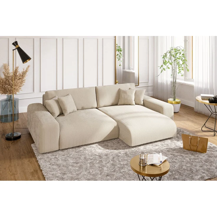 Ecksofa Schlaffunktion ausziehbar Bettkasten Polsterecke L-Couch in Cord Beige – Bild 3
