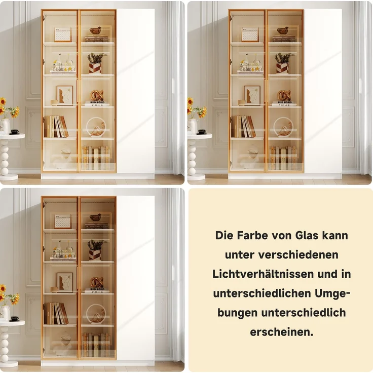 Glasvitrine, Höhe 165cm–dreitürige Vitrine mit LED-Beleuchtung, mehrfarbig einstellbar, freistehende Vitrine mit Sicherheitsglas, verstellbaren Einlegeböden und Kippschutz, weiß-Vitrine,Weinschrank--Weiß--116x41x16cm--YOUDENOVA – Bild 5