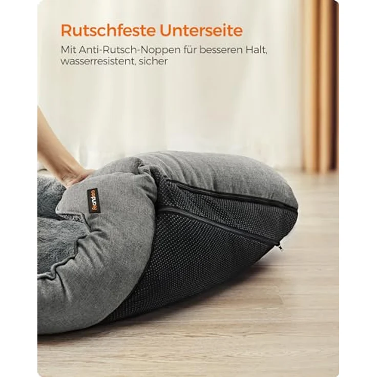 Feandrea Hundebett, Hundekissen in Leinenoptik, Hundekorb, erhöhte Ränder, rutschfeste Unterseite, Bezug abnehmbar waschbar, XL, für große Hunde, 110 x 75 x 27 cm, hellgrau PGW12GG – Bild 7