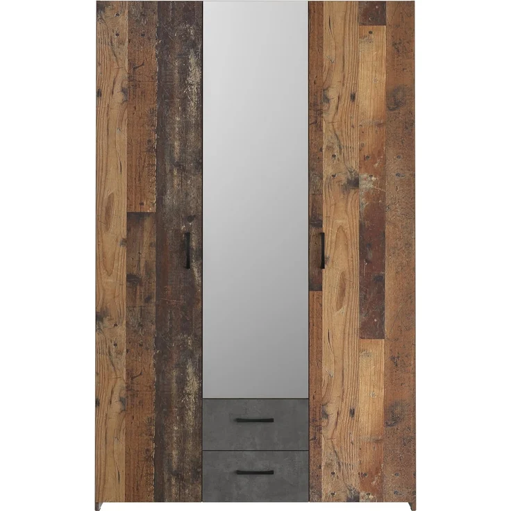 Forte ECONOBOX Kleiderschrank 120, rustikal, 3-türig, 2 Schubladen, Spiegel, Einlegeböden, Holzwerkstoff, Old Wood Vintage Holzdekor|Betonoptik Grau, 119,4 cm breit x 190,5 cm hoch x 54,4 cm tief – Bild 4
