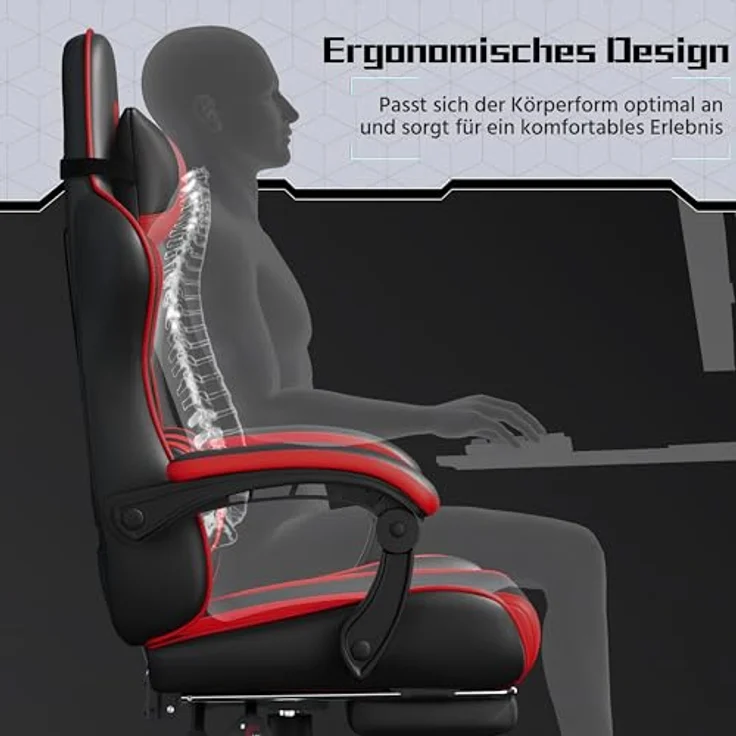 Yaheetech Gaming Stuhl Ergonomischer Gaming Sessel mit Massagefunktion Computerstuhl mit Fußstütze Bürostuhl 90-135° Rückenlehne verstellbar Gamer Stuhl für für Homeoffice und Gaming Rot – Bild 10