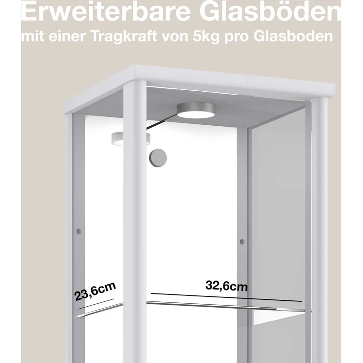 K-Mbel Standvitrine (176x37x33cm) - Made in Germany - Vitrinenschrank Silber / Alu mit 4 hhenverstellbaren Glasbden, Spiegel & LED - Glasvitrine Stehend - Vitrine Glas - Display Cabinet – Bild 5