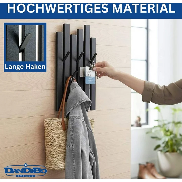 DanDiBo Garderobe Wand Schwarz Metall 96739 Wandgarderobe mit 5 Haken Schmal Garderobenpaneel Flurgarderobe Modern Hakenleiste Garderobenhaken – Bild 3