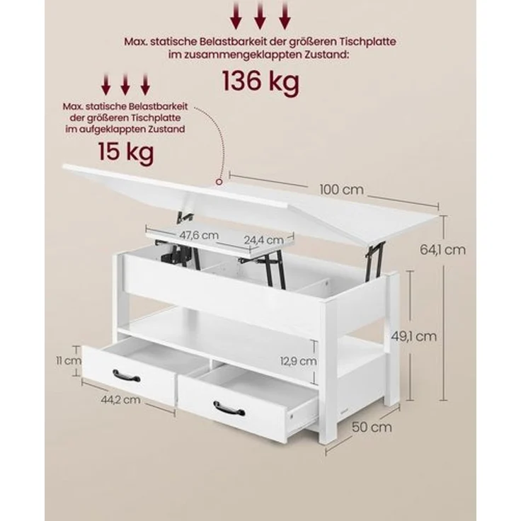 VASAGLE Couchtisch, Wohnzimmertisch, Gaszylinder, höhenverstellbar, viel Stauraum, Kaffeetisch, für Wohnzimmer, weiß – Bild 2