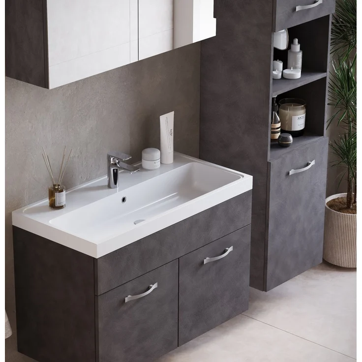 Badplaats Badezimmermöbel Set Paso XL 80 x 40 cm – Dunkelgrau – Waschtischunterschrank mit Spiegelschrank und Seitenschränken – Bild 2