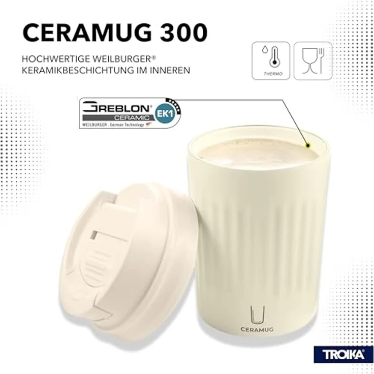 TROIKA Thermobecher CERAMUG, Kaffeebecher to Go aus Edelstahl mit Keramikbeschichtung, 6h heiß 12h kalt, auslaufsicherer Deckel mit Schiebeverschluss – 300ml – Bild 2