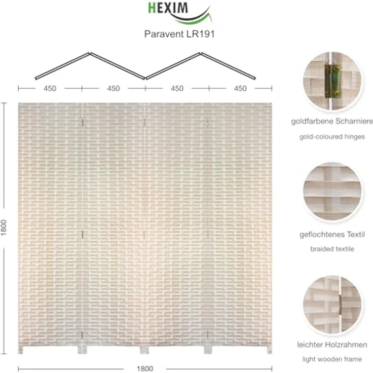 Hexim Raumteiler, Paravent 180x180 cm - Trennwand 4-teilig klappbar für Innenbereich - freistehend Blickfang und Dekoration multifunktional Raumtrenner (LR191-braun & weiß) – Bild 5