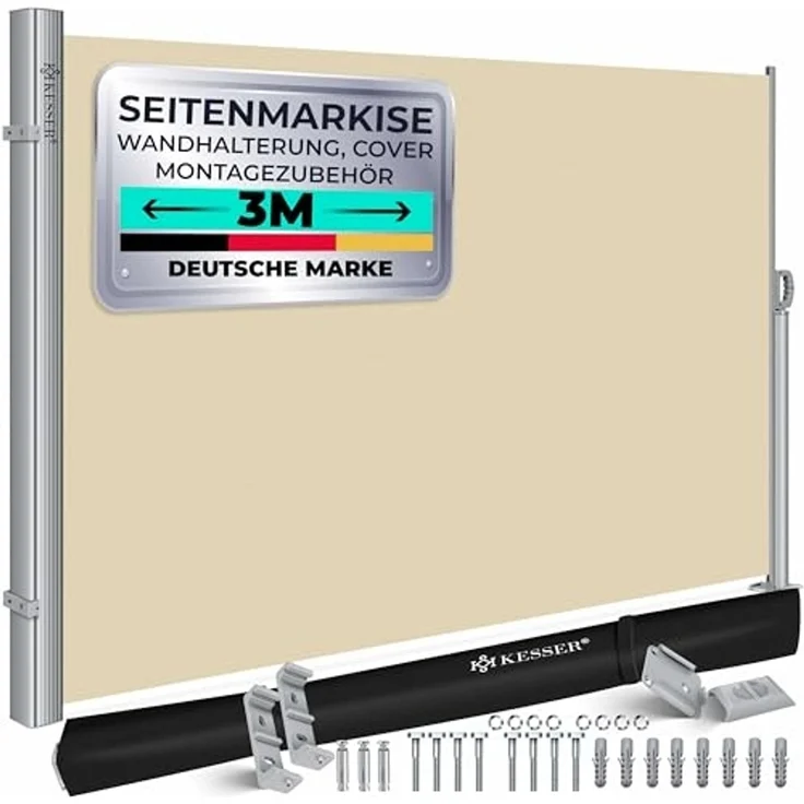 KESSER® Alu-Seitenmarkise Ausziehbar & Blickdicht | Garten-Sichtschutz & Windschutz mit Aufrollautomatik für Balkon & Terrasse | Seitenrollo inkl. Regencover mit Wandhalterung Beige, 300 x 180 cm – Bild 1