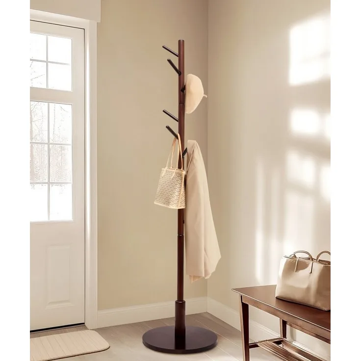 Yorbay Garderobenständer aus Buche Massivholz, Kleiderständer Baumform mit 9 Haken, 38 x 179 cm, Verstellbar Garderobenständer für Jacken, Hüte, Taschen, Braun