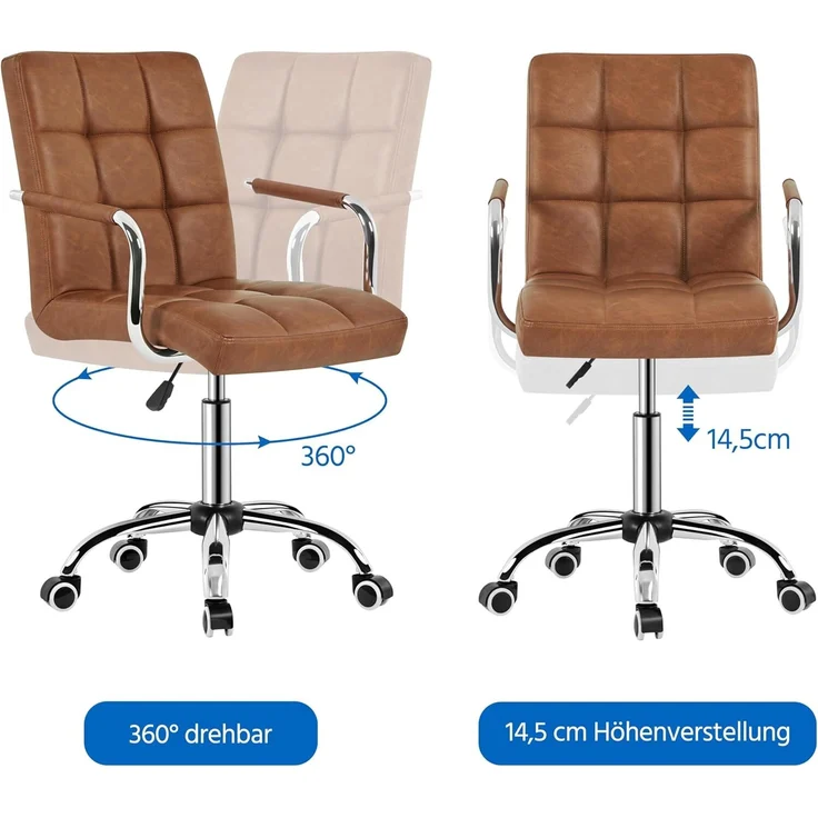 Yaheetech Bürostuhl ergonomischer Schreibtischstuhl Drehstuhl Drehocker Arbeitshocker mit abnehmbare Armlehnen Computerstuhl höhenverstellbar aus Kunstleder Retro-Brown – Bild 7