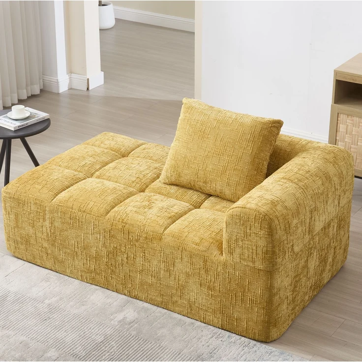 Chaiselongue-Sofa aus Chenille mit Seitentaschen & Kissen, 158x90x60 cm, Gelb – Bild 2