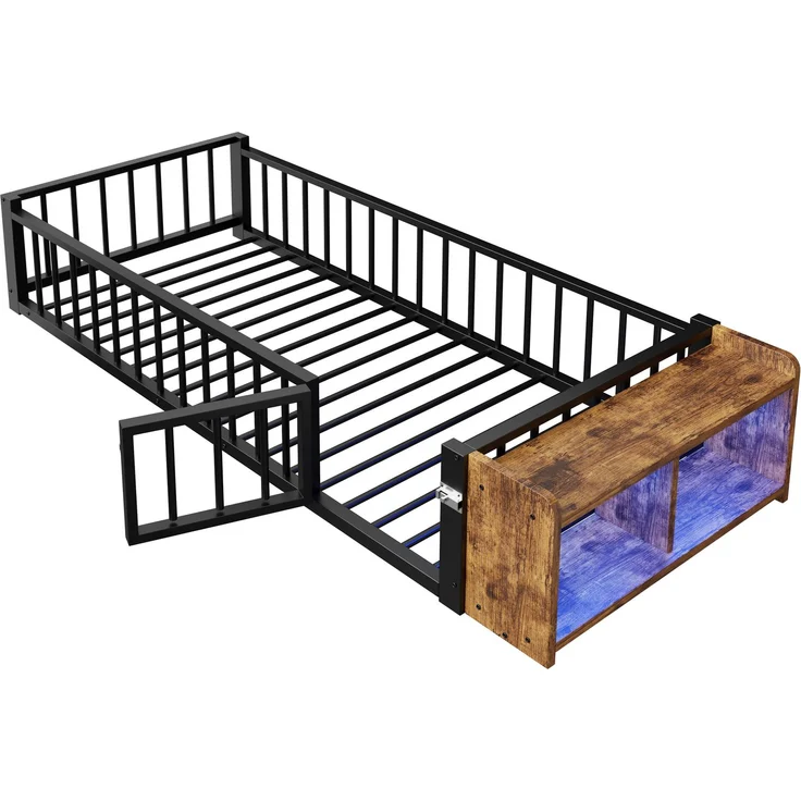 Merax Einzelbett, Kinderbett, Metallbett, 90 x 200 cm, Metallbettgestell, mit Schutzgeländer, ohne Matratze, Schließfächern, LED-Streifenleuchten, Schwarz – Bild 7