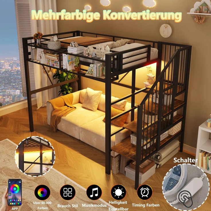 U-life Hochbett 90x200 cm, Stufen-Ablageregal, Gitterelemente, Aufbewahrungskorb, Offener, Metall, Schwarz – Bild 9